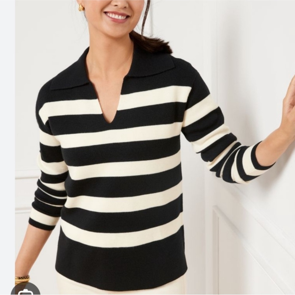 Talbots Striped Milano Stitch Johnny Collar Sweater